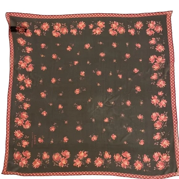 VINTAGE 90s RALPH LAUREN Black Cranberry Red and White Chiffon Square Scarf - Picture 3 of 9